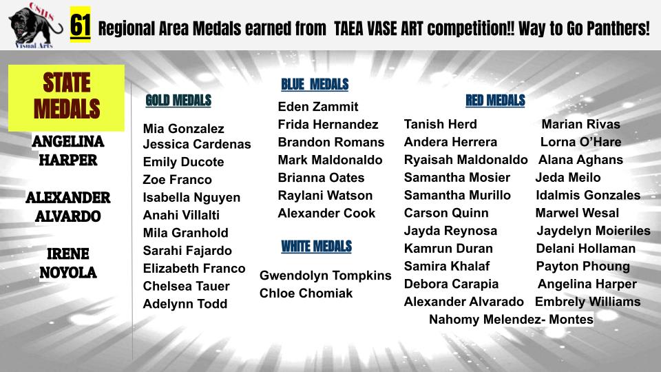 CONGRATS to all Panther Scholars that participated in the Annual TAEA Vase Art Event! They earned a GRAND total of 61 Regional Area Medals including 3 State Medals!! #alldayeveryday <a href="/ARTeducator7/">Wauna Johnson</a>