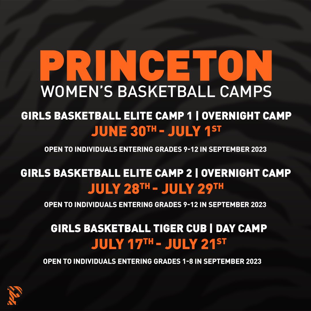 PrincetonWBB's tweet photo. 🚨 MARK YOUR CALENDARS 📆🚨

Join us in Jadwin this summer ☀️ for our 2️⃣ Elite Camps and 1️⃣ week of Tiger Cub camp! 

Sign ups available NOW to learn from @Coach_Berube and her staff, and to play alongside some of the best in the business! 🐯🏀👇

🔗: https://t.co/0yk7duCTgm https://t.co/B9kcHq0nO4