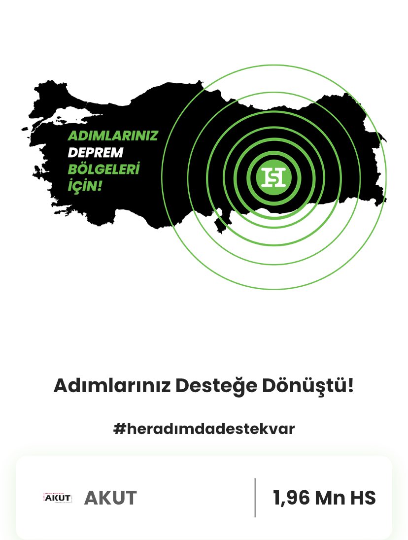 Depremden etkilenen bölgelere yürüyerek de destek oldum! Sen de olur musun? 1,96 Milyon HS adımımla destek oldum..
#heradımdadestekvar <a href="/helpstepsapp/">Help Steps Official</a> ⁦@AKUT_Dernegi⁩