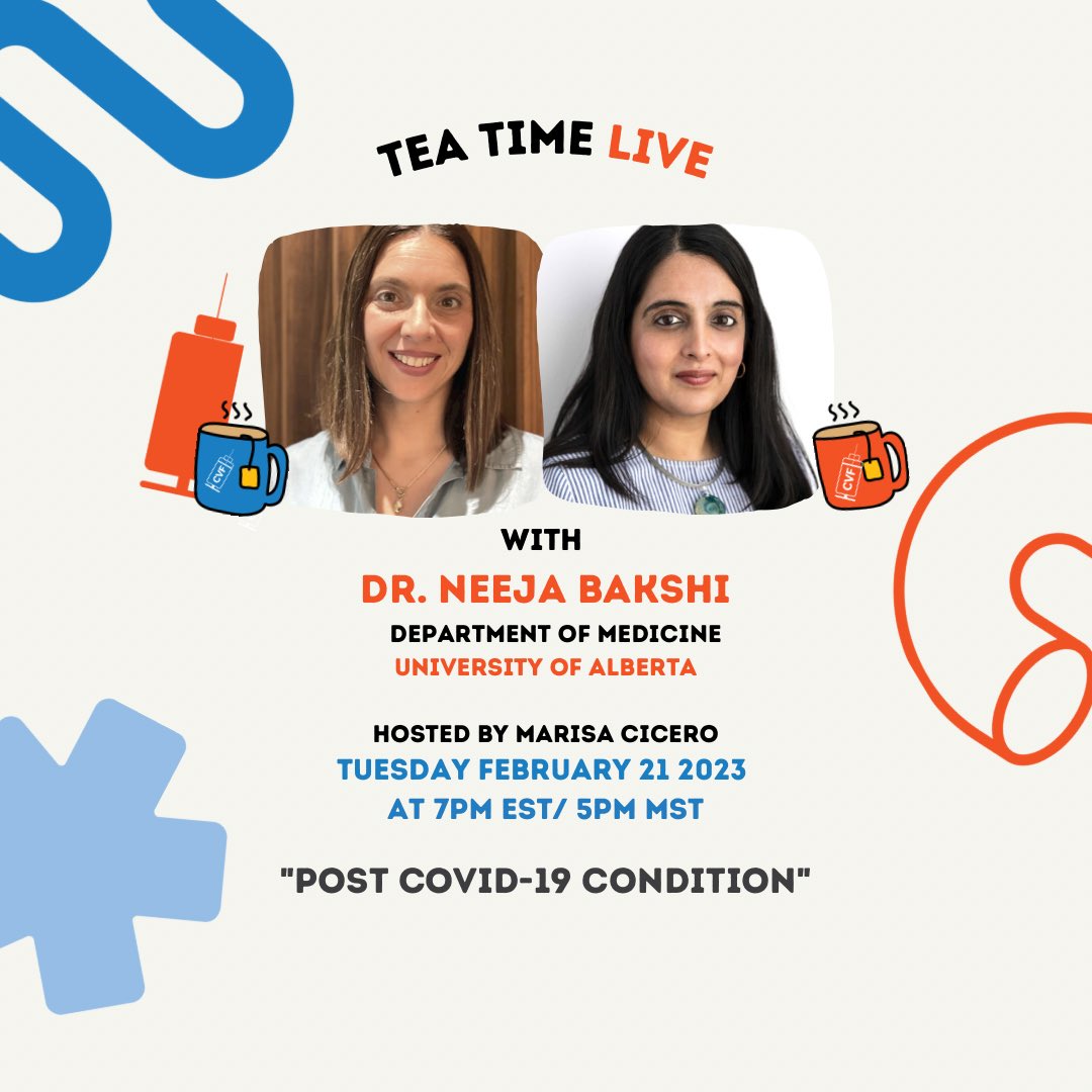 The CVF tream is delighted to welcome our colleague Dr. <a href="/NeejaB/">Neeja Bakshi</a> for an educational #instagramlive Q&amp;A on #LongCovid

Join us!
⏰ Tuesday February 21 2023 @ 7pm EST/5pm MST 
Hosted by <a href="/MarisaCicero/">marisa cicero</a> 

📍@covidvaccinefacts or instagram.com/covidvaccinefa…