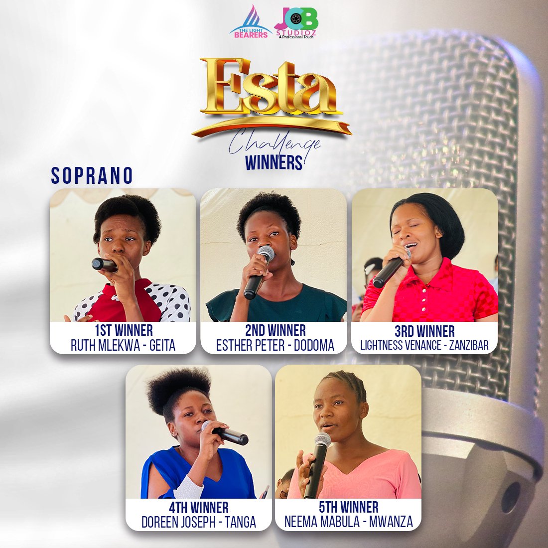 Lightbearerstz's tweet photo. Tunapofikia mwisho wa #ESTACHALLENGE  hawa ndio washindi waliopatiokana katika upande wa Sauti ya Kwanza(SOPRANO) kutokana na mchakatk mzima wa challenge hii kuanzia katika mitandao ya kijamii na Live Audition iliyofanyika siku ya Jumapili ya tarehe 12 februari 2023 https://t.co/6ufolAyZvm