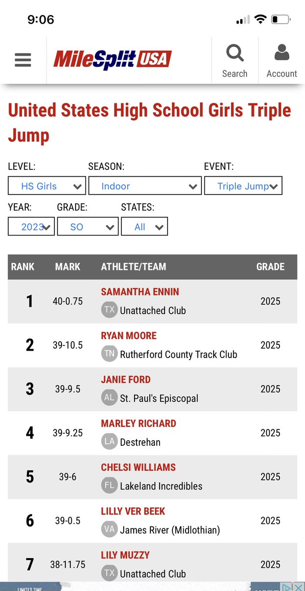 marleyyyy7_'s tweet image. Your LHSAA Division I Triple Jump State Champion! 🤩 #1 in the state, #2 all-time mark indoor for Louisiana &amp;amp; #4 sophomore in the US 💪🏾@DestrehanSports @MileSplitLA @ABXperformance @milesplit
