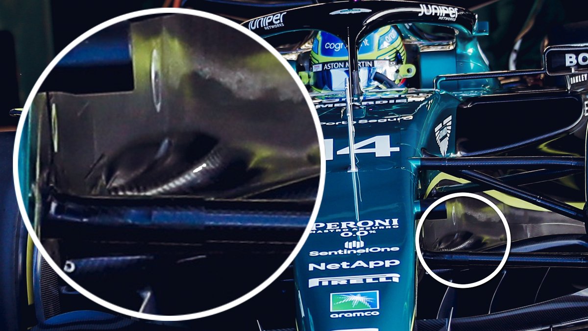 AndroSid93's tweet photo. @ScarbsTech Is this some form of floor duct that can connect further with the sidepod trench and help with the airflow? #F1 #AMR23 #F1Tech 
[📸: @f1talks] https://t.co/swRtnG9Uro