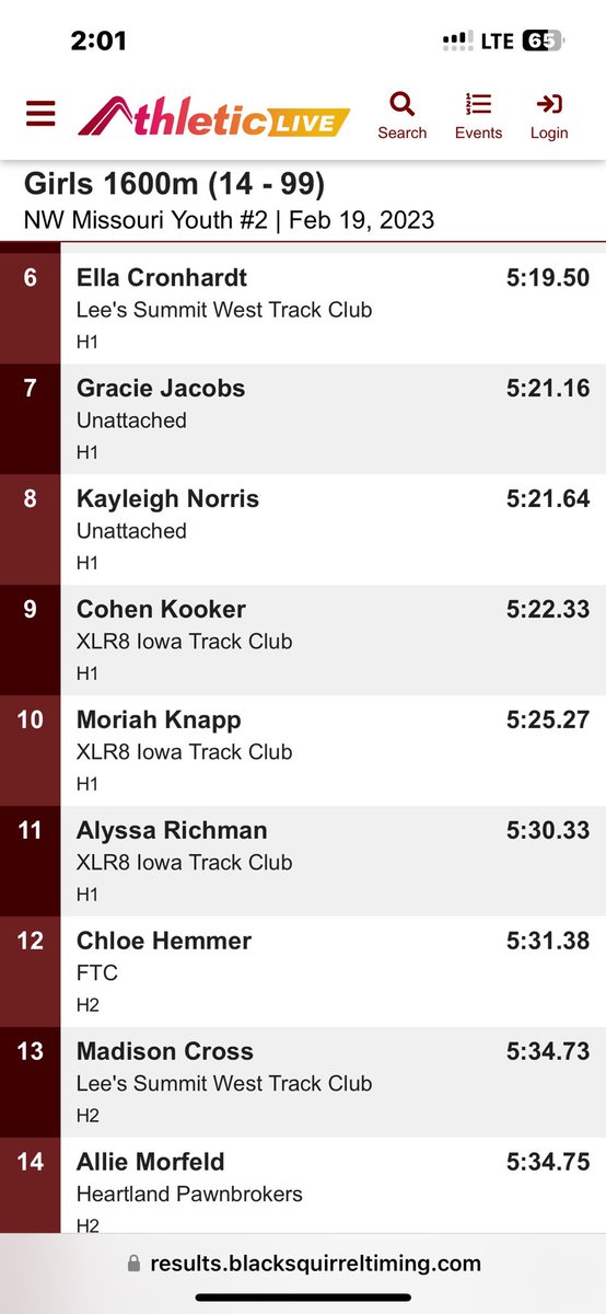 Ella Cronhardt and Madison Cross with big PRs in the 1600 today at Northwest Missouri State University Indoors!