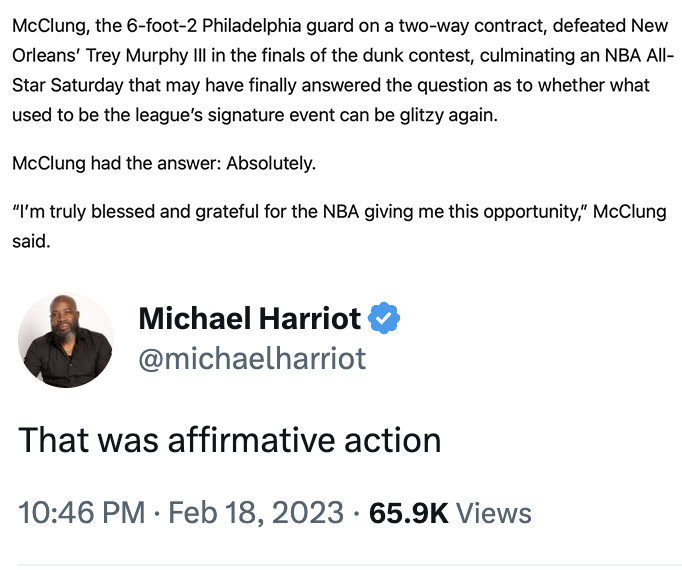 michaelharriot's tweet image. It's the answer to a riddle:

Q. What do you call a 2nd generation NBA player, a 1st round draft pick and a starter for the NY Knicks losing a dunk contest to a player from the G-Leagues?

A: It depends.