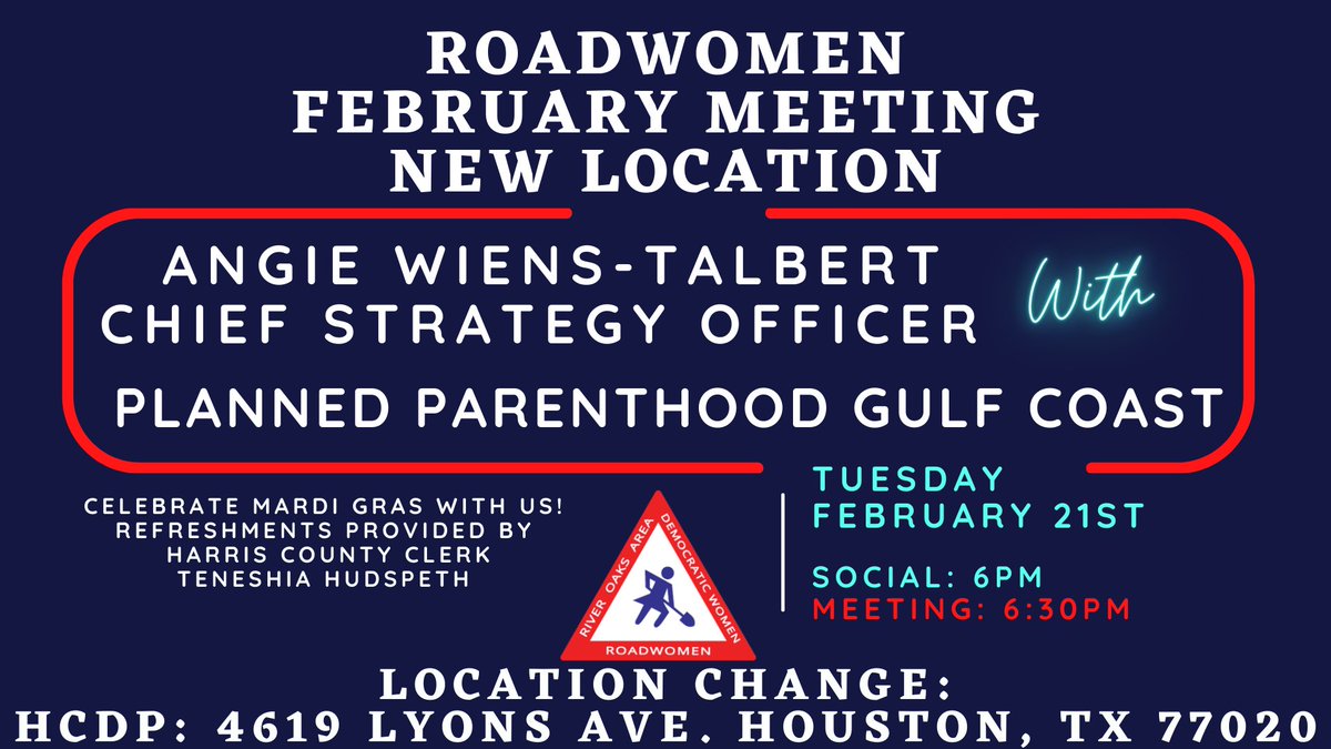 ROADwomenTX (@roadwomentx) on Twitter photo Laissez les bons temps rouler!
Join us Tues Feb 21st, FAT TUESDAY. Our meeting features Planned Parenthood Gulf Coast. <a href="/harriscotxclerk/">Office of County Clerk Teneshia Hudspeth</a> is providing Mardi Gras refreshments! Bring any festive gear you'd like. We're able to stay a little later!
Rsvp:
mobilize.us/hcdp/event/548… Laissez les bons temps rouler!
Join us Tues Feb 21st, FAT TUESDAY. Our meeting features Planned Parenthood Gulf Coast. <a href="/harriscotxclerk/">Office of County Clerk Teneshia Hudspeth</a> is providing Mardi Gras refreshments! Bring any festive gear you'd like. We're able to stay a little later!
Rsvp:
mobilize.us/hcdp/event/548…