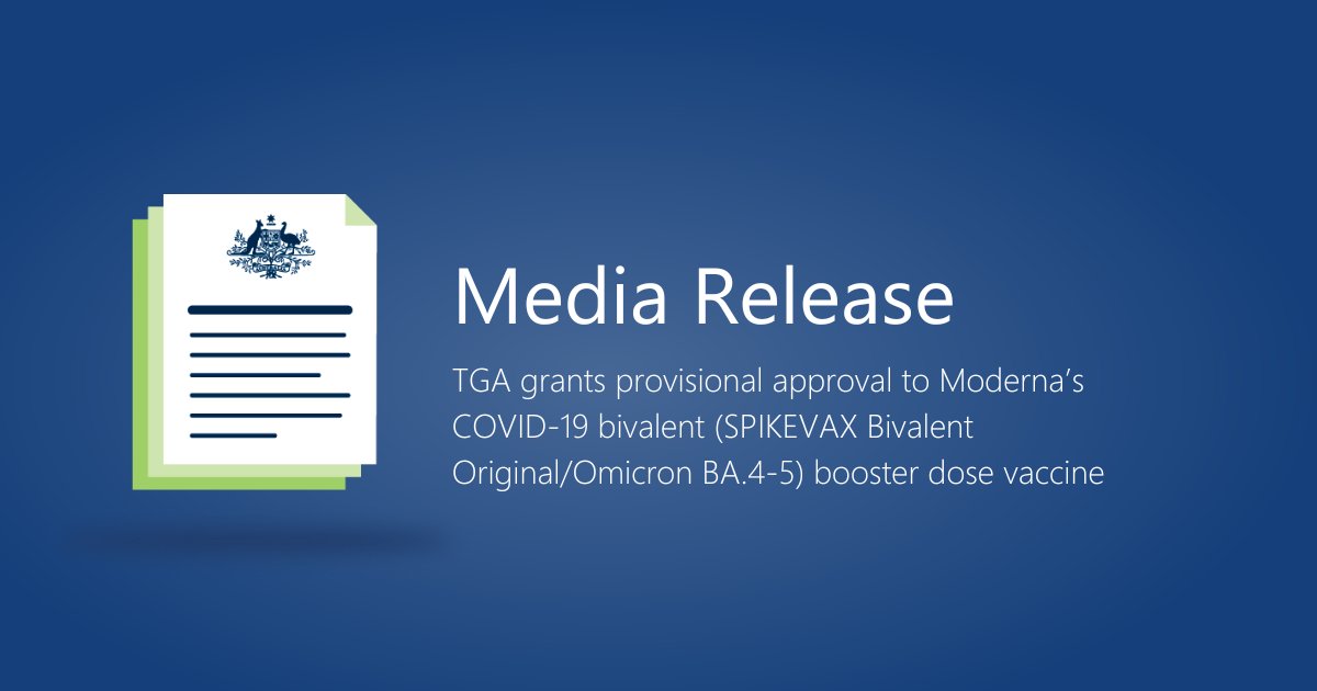 We have granted provisional approval for Moderna’s bivalent COVID-19 vaccine for use as a booster dose in individuals aged 12 years and older.

This is the second bivalent vaccine to target the Omicron BA.4-5 subvariants.

Read more: tga.gov.au/news/media-rel…