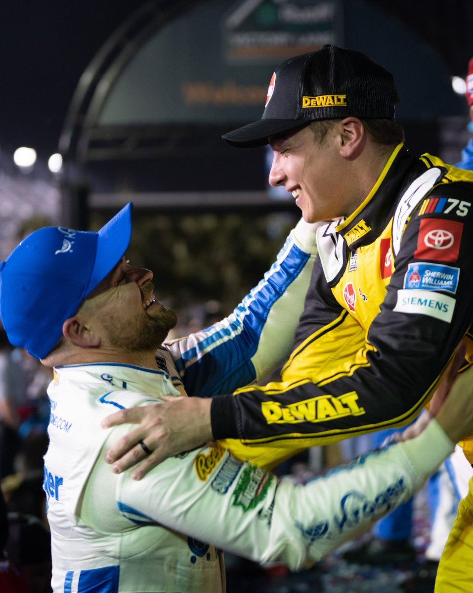 Ricky Stenhouse Jr. and Christopher Bell meet in Victory Lane.