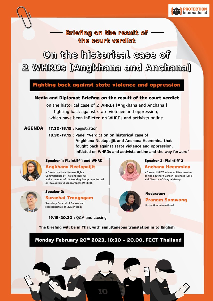 BeePranom's tweet photo. Today 6.30-8pm,a briefing on the historical case of 2 Thai #WHRDs who fought back against state online violence +oppression at the @FCCThai/briefing will be in Thai with simultaneous English translation. Join in-person or online #whathappeninginThailand
#Digitalattack #WHRDs https://t.co/LrHYKDV59E