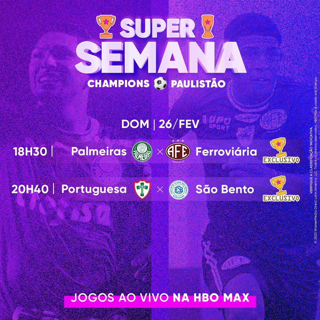 HBOMaxBrasil's tweet photo. ESSA SUPER SEMANA VAI PEGAR FOGO! 🔥
Tem duelo de camisas pesadas na Champions League e gigante em jogo exclusivo pelo Paulistão. Não dá pra vacilar e perder nenhum lance! Já salva o post e compartilha com os amigos porque essa semana promete!
#CasaDaChampions #PaulistãoNaHBOMax https://t.co/if28nKIZjP