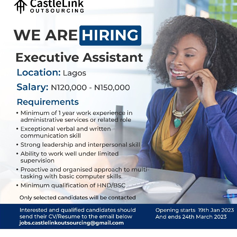 CastlelinkO's tweet photo. We are hiring for Executive Assistant
Click the link below to apply
https://t.co/csFQIs2SV5 https://t.co/BztPlgdLLO