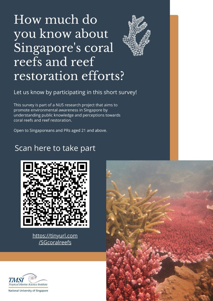 MeilinNeo's tweet photo. For those based in Singapore aged 21 and above, my colleagues at @nustmsi wants your input on coral reefs and the restoration efforts! Join their survey here: https://t.co/glEMbO2ew0
#coralreefs #restorationwork #conservation #perceptions #TMSI #NUSResearch https://t.co/ReQYnCU5N1