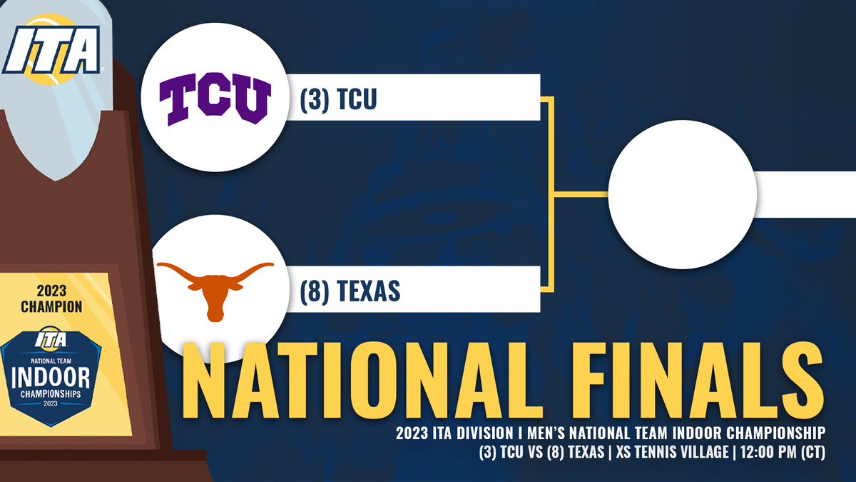 ITA_Tennis's tweet photo. An All-Texas Showdown 🏆

🆚 @TCUMensTennis vs @TexasMTN 
📅 Monday, February 20th
⏰ 12 pm (CT)
🏟️ XS Tennis Village
📺 @CrackedRacquets 
ℹ️ 2023 ITA National Indoor Finals

#WeAreCollegeTennis | #ITAIndoors https://t.co/nhePv1kMF6