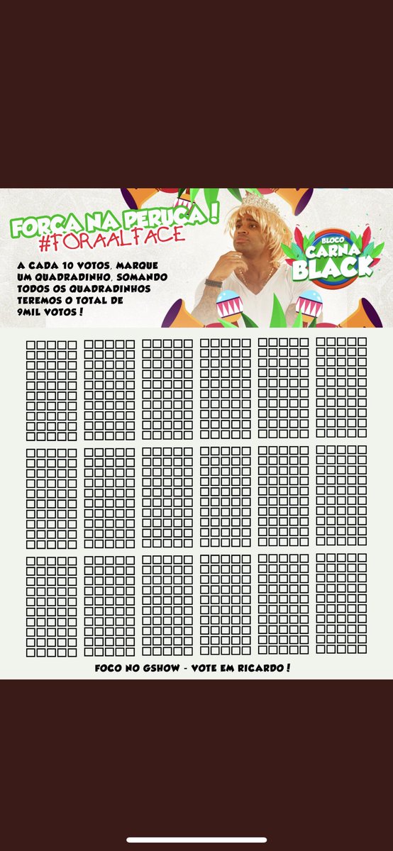 PedroAm71609673's tweet photo. Cada quadradinho são 10 votos, no final cada pessoa vota 9.000 vezes. Vamos tirar esse facinho.
#FORAALFACE #timeblack https://t.co/3tW4fiOYqI