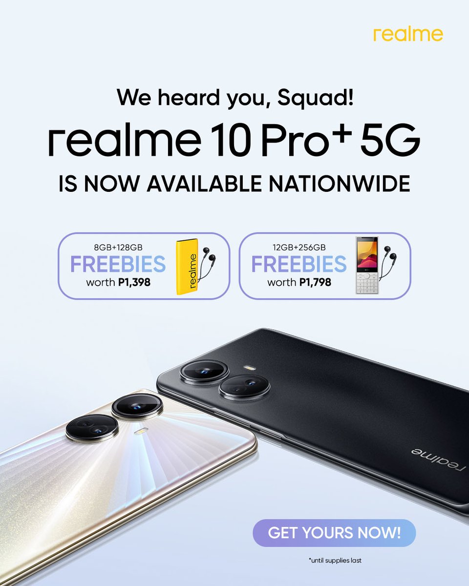 realme_ph's tweet photo. We heard you, Squad! The realme 10 Pro+ 5G is 𝗡𝗢𝗪 𝗔𝗩𝗔𝗜𝗟𝗔𝗕𝗟𝗘 𝗡𝗔𝗧𝗜𝗢𝗡𝗪𝗜𝗗𝗘! 🥳
💛 8GB+128GB - ₱19,999
💛 12GB+256GB - ₱24,999
#DisplayNewVision #realme10SeriesPH
*DTI Fair Trade Permit No. FTEB-160014 Series of 2023
*Until supplies last https://t.co/mGypMZIh0L