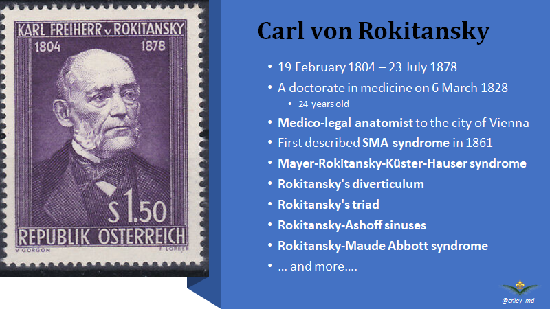 Good Wednesday morning!🌥️
Dr Carl Von Rokitansky died #OTD 147 years ago.
Do you remember some of the syndromes, tumors, diverticula, sinuses etc. that bear his name?


#MedEd #TrueDetective #WednesdayWisdom #PathTwitter #WednesdayVibes #WednesdayMotivation