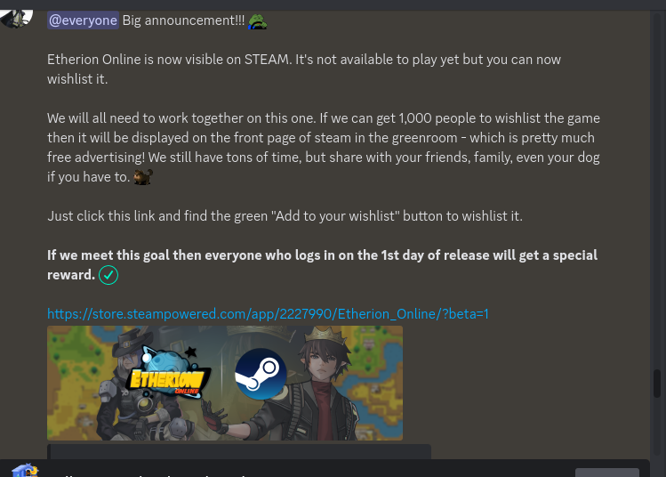 HolyForTheMoly's tweet photo. We almost got 300 people to wishlist @etheriononline on steam! 

If you haven't already, even if you don't have a computer, make a steam account and add it to your wishlist! 

If we reach 1,000 we will receive a reward that will be well worth it upon release. 
#EtherionOnline💯 https://t.co/QUPkGm9Mut