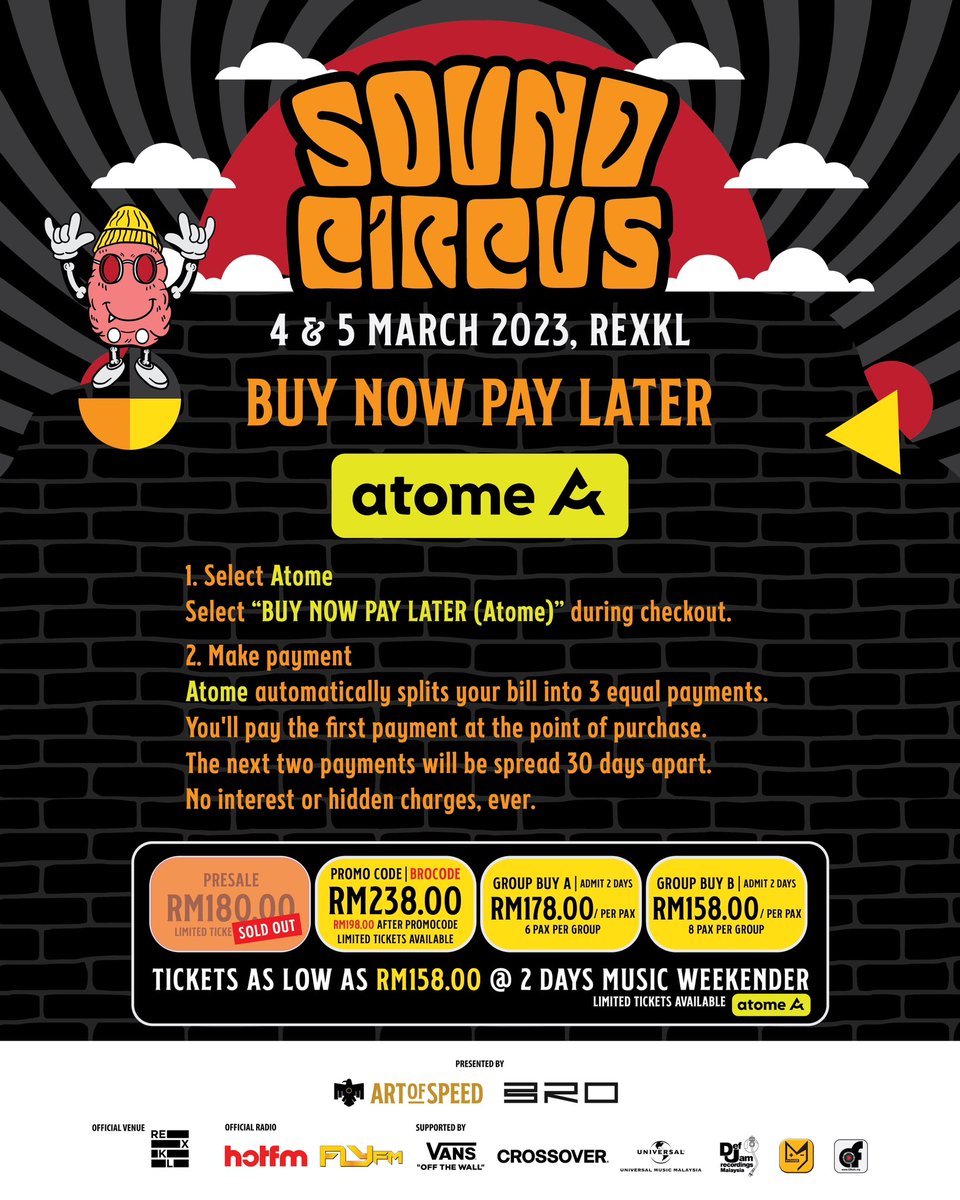 SOUND CIRCUS 2023 🎪 
Brought to you by @ArtOfSpeedMY 
📍REXKL
🗓️4 & 5 March 2023

Lineup padu dan keras dari Malaysia 🇲🇾 & Indonesia 🇮🇩 

Dapatkan tiket anda segera!