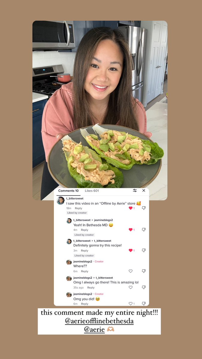 jasmineblogs_'s tweet photo. This is huge! This comment made my entire night. My top is from @Aerie and my recipe video was featured in their store! 🫶🏼 

#DigitalMarketing #tiktok #blogger #dcblogger #foodblogger #marylandblogger #marylandcontentcreator #aerie #offlinebyaerie https://t.co/SuVoIsjpVE