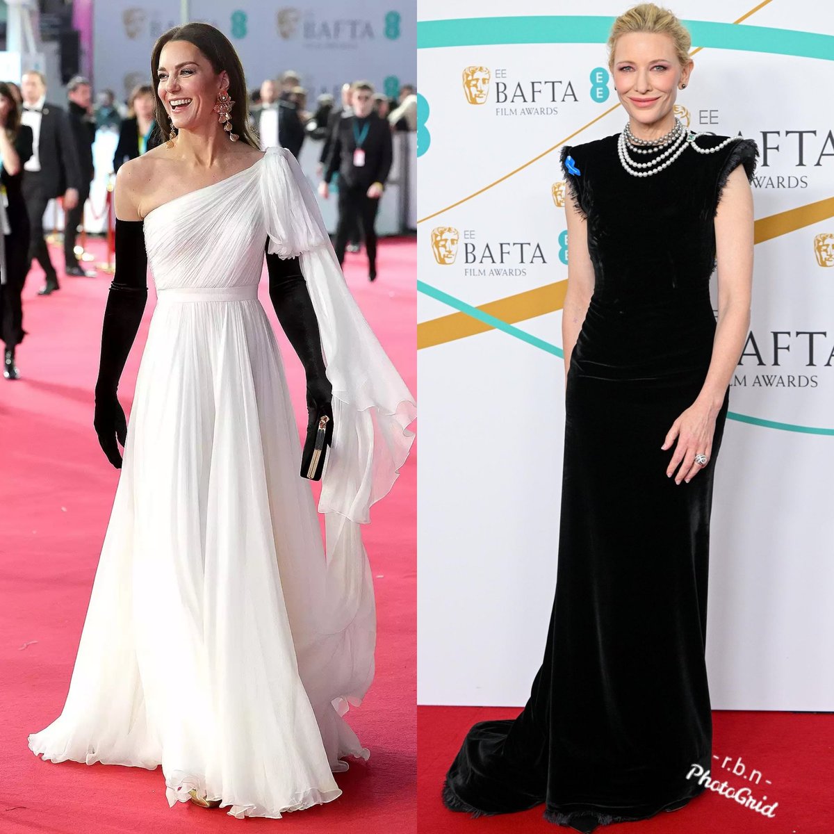 #BAFTA2023 red carpet Recycling Queens 
Catherine, Princess of Wales, in her recycled #alexandermcqueen dress from the BAFTAs 2019 and Cate Blanchett in her recycled #maisonmargiela dress she wore at the Oscars 2015