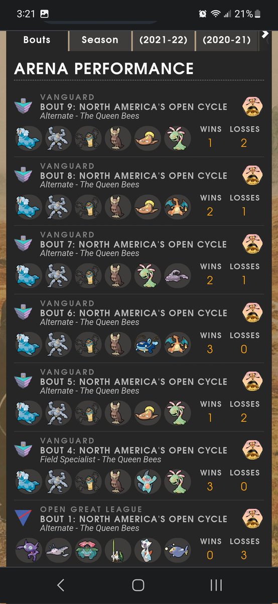 End of Silph Factions Cycle Screenshot! 

I'm so proud of the <a href="/TeamQueenBees/">TheQueenBees</a> for a great cycle in NA Open. We went 6-3 and all of our losses were so close. This also was one of my strongest cycles as a competitor.
 
Looking forward to next cycle!
#PokemonGO
#LetsNotTalkAboutWeek1