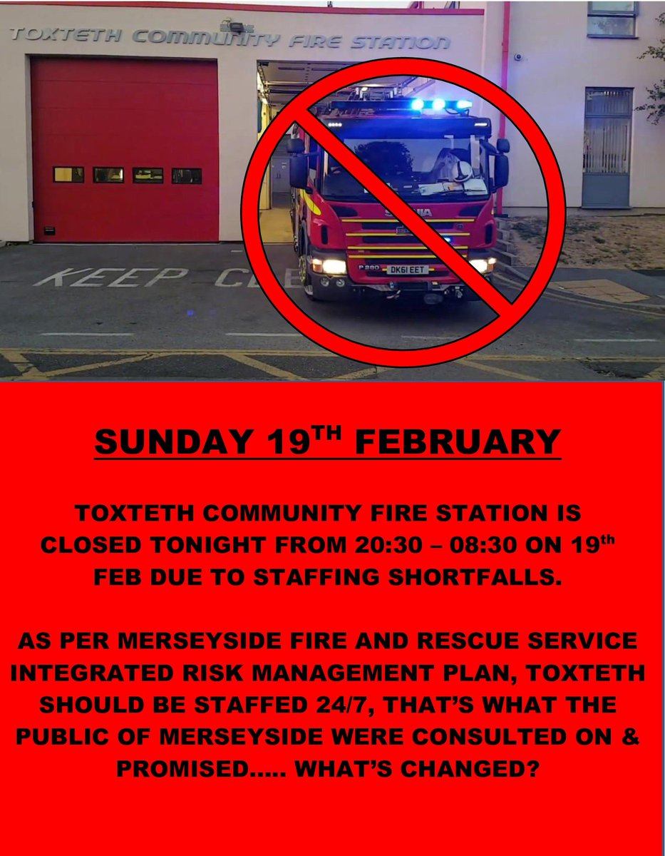 Once again the community of Toxteth will have to rely on fire cover from neighbouring stns as their stn is closed their firefighters sent to provide cover elsewhere @MerseyFire @KimJohnsonMP @CllrLHarvey @PaulaBarkerMP @IanByrneMP @MickWhitleyMP @CllrAnnaRothery #EnoughIsEnough