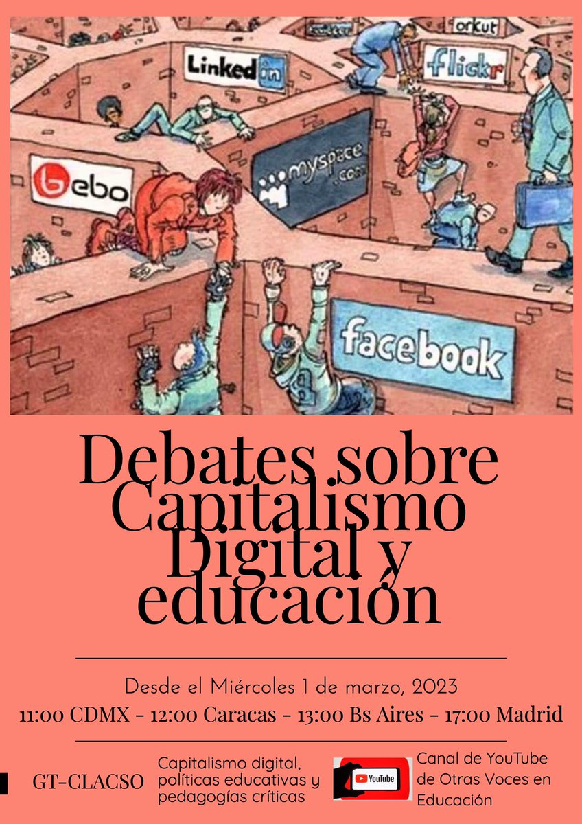 Luis_Bonilla_M's tweet photo. El 1 de marzo iniciamos el ciclo de foros y debates en el marco del GT CLACSO sobre Capitalismo digital, políticas educativas y pedagogías críticas @ovemundo @redclade @_CLACSO @FVientosur @_rebelion_org https://t.co/CsaTvlRgkP