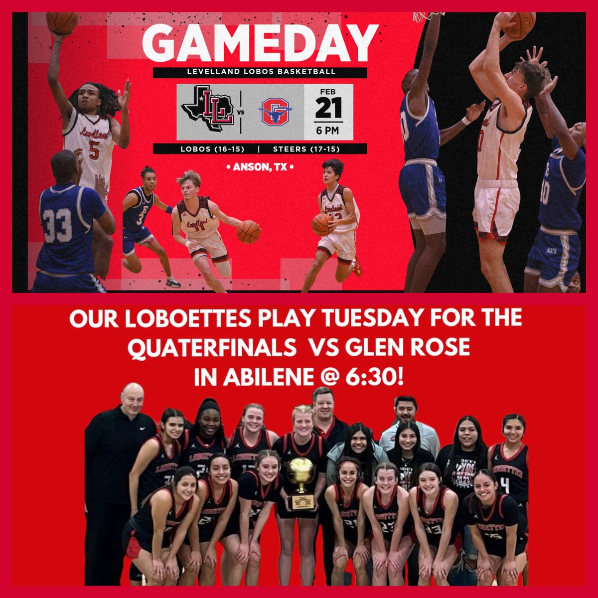 LevellandISD's tweet photo. Our Lobettes and Lobos both play Tuesday evening! Our Lobos play for Bi-District in Anson vs Graham at 6 pm. Our Loboettes play for Quarterfinals in Abilene vs Glen Rose! We hope you can go support our guys or girls! #ExpectExcellence #LevellandISD https://t.co/JzF0W8T3Ed