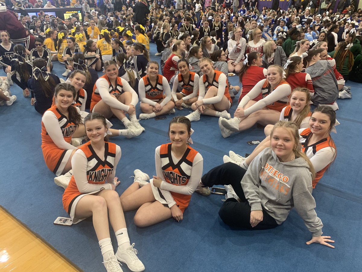 ohsknightscheer's tweet photo. So much growth this season. We have really been focusing on our technique and today our comp squad had a HIT! So proud of these girls! Not only did they do great ON the mat, but they supported other squads while OFF the mat. What a wonderful group! #otsegoknights https://t.co/xnzIViDhmX
