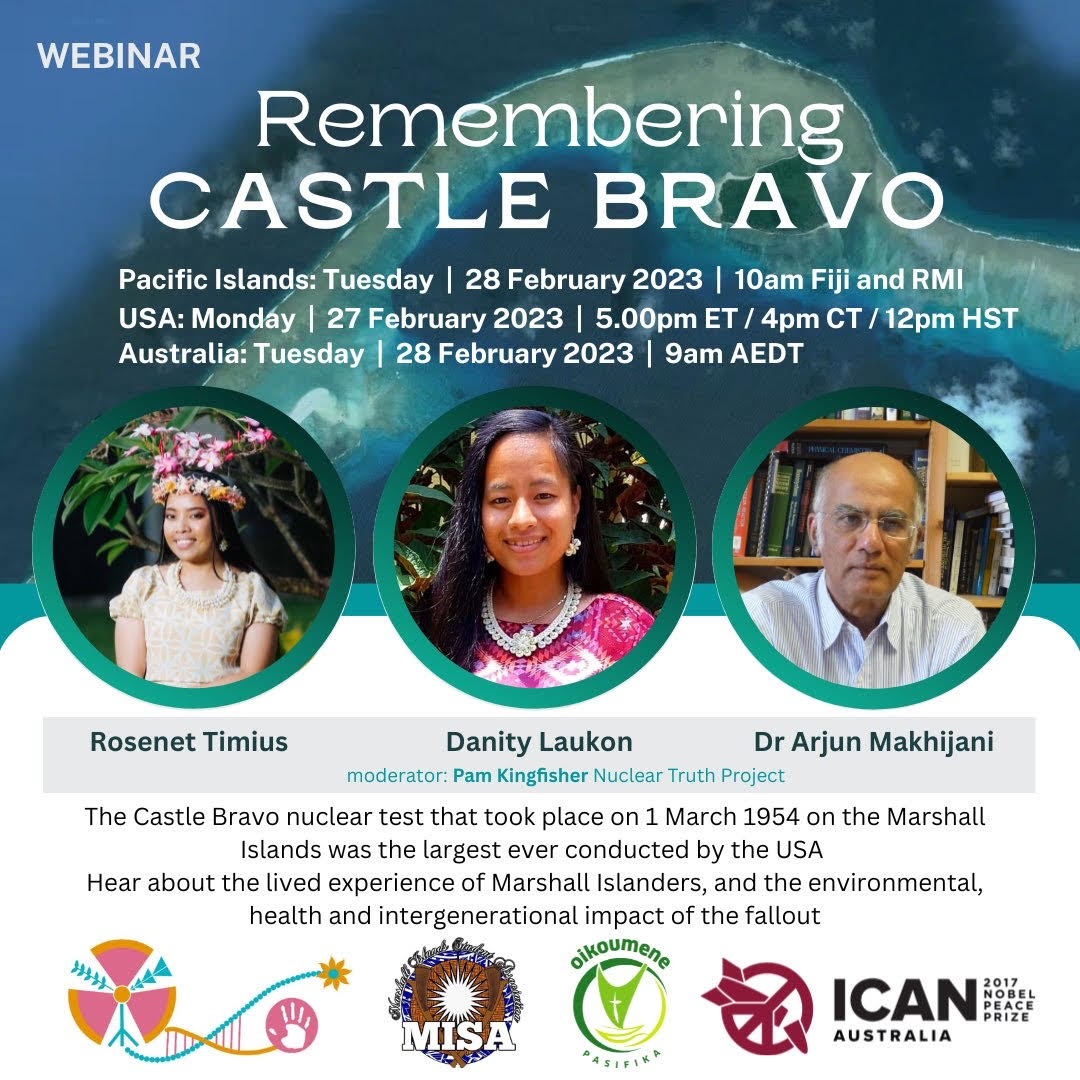 lotupasifika's tweet photo. SAVE THE DATE!
Remembering Castle Bravo. A webinar looking at the inter-generational impacts that nuclear fallout has had on Marshallese communities.
Date: 28th February, 23
Time 10 AM (Fiji/RMI Time)
Come be a part of our journey for #NuclearTruth and #NuclearJustice https://t.co/Nmxdu7uod0