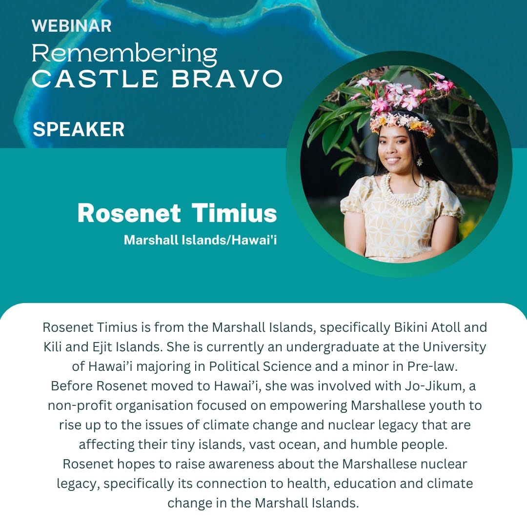 lotupasifika's tweet photo. SAVE THE DATE!
Remembering Castle Bravo. A webinar looking at the inter-generational impacts that nuclear fallout has had on Marshallese communities.
Date: 28th February, 23
Time 10 AM (Fiji/RMI Time)
Come be a part of our journey for #NuclearTruth and #NuclearJustice https://t.co/Nmxdu7uod0
