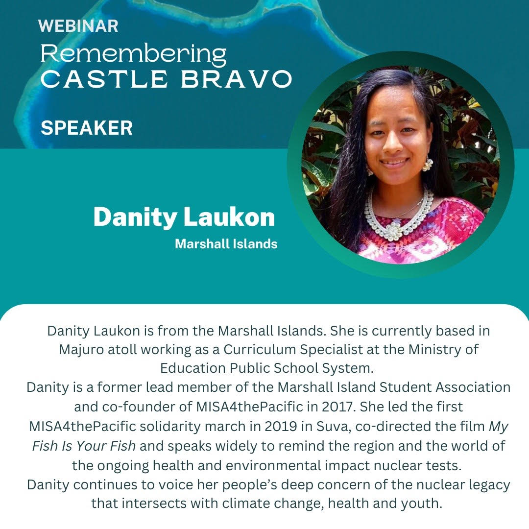 lotupasifika's tweet photo. SAVE THE DATE!
Remembering Castle Bravo. A webinar looking at the inter-generational impacts that nuclear fallout has had on Marshallese communities.
Date: 28th February, 23
Time 10 AM (Fiji/RMI Time)
Come be a part of our journey for #NuclearTruth and #NuclearJustice https://t.co/Nmxdu7uod0