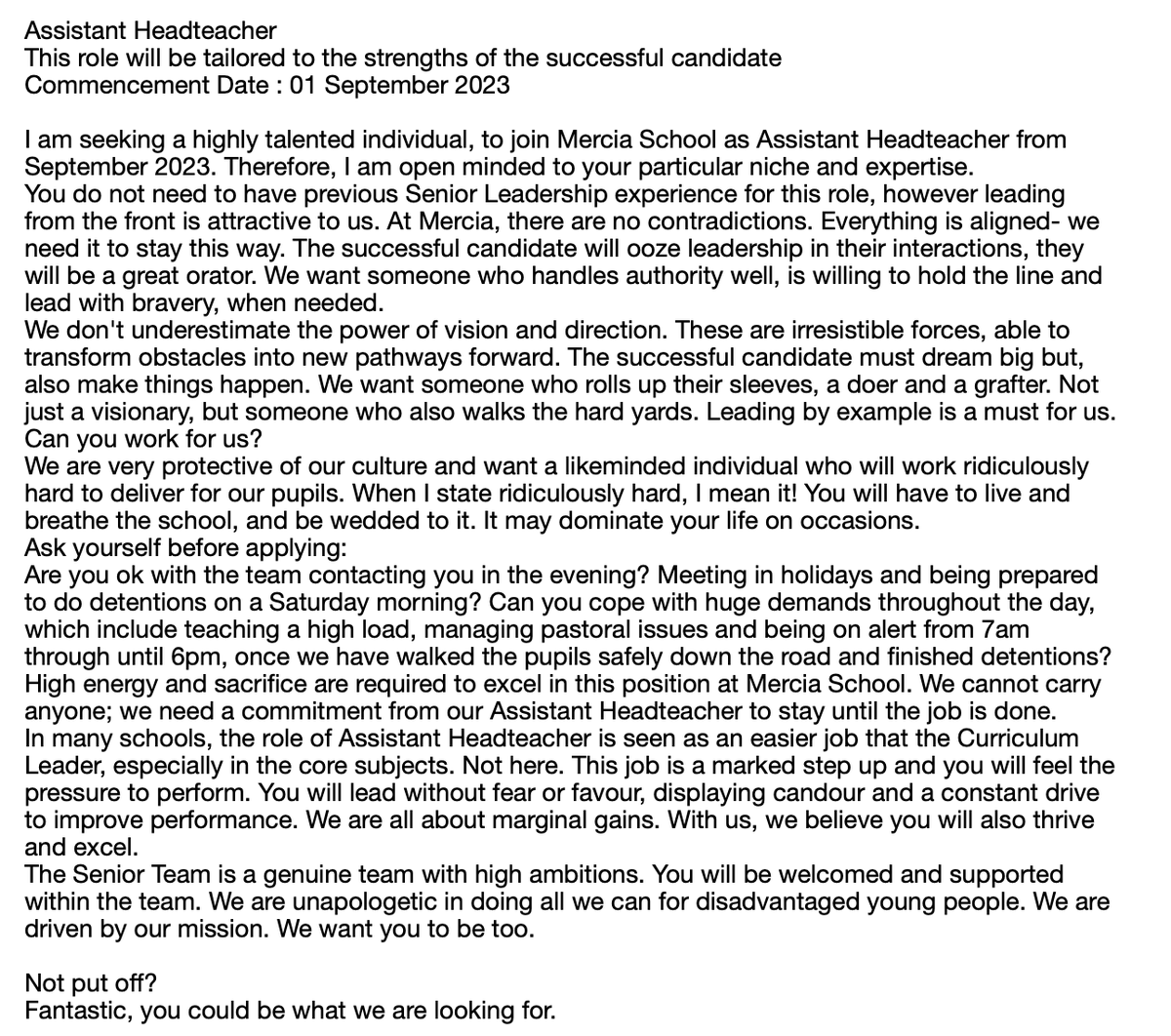My wife is looking for a new teaching position &amp; highlighted this...
'You will have to live and breathe the school, and be wedded to it. It may dominate your life' 😲
This. is. not. healthy.
tes.com/jobs/vacancy/a…
