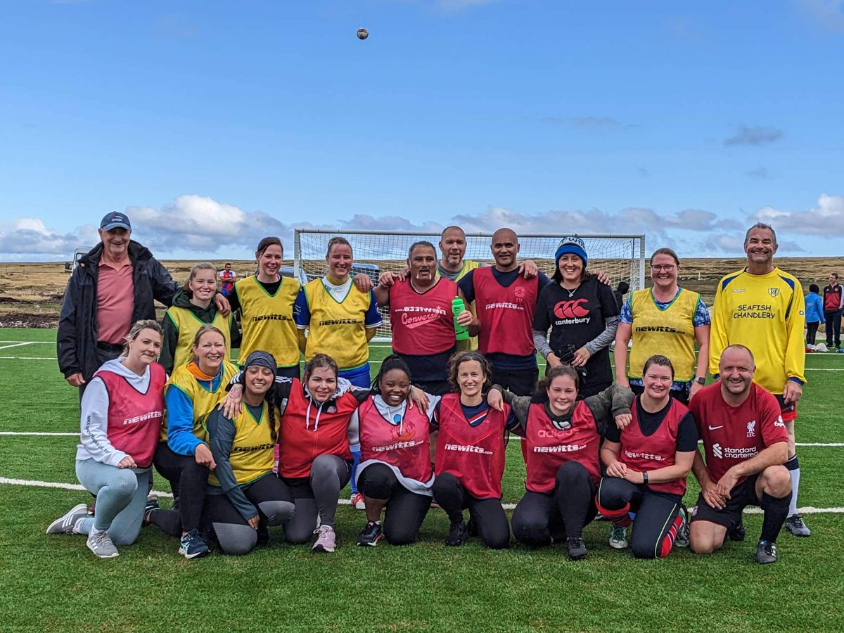 JennyCFalklands's tweet photo. New footie pitch officially christened this weekend in Stanley.  We don't have a women's team so a few intrepid individuals joined forces with some veteran men's players for what was a good humoured run around. Maybe women's footie will blossom with this new facility? https://t.co/uzBofFccph