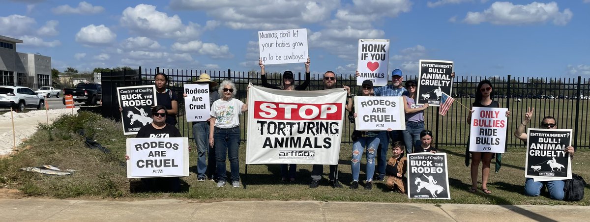 Wow!  This awesome group protested outside the Silver Spurs Rodeo today! Thanks to those of you who drove distance to attend and took time out of your busy schedules. We appreciate your time as do the animals being tortured inside. Thank you for being their voices.#BucktheRodeo