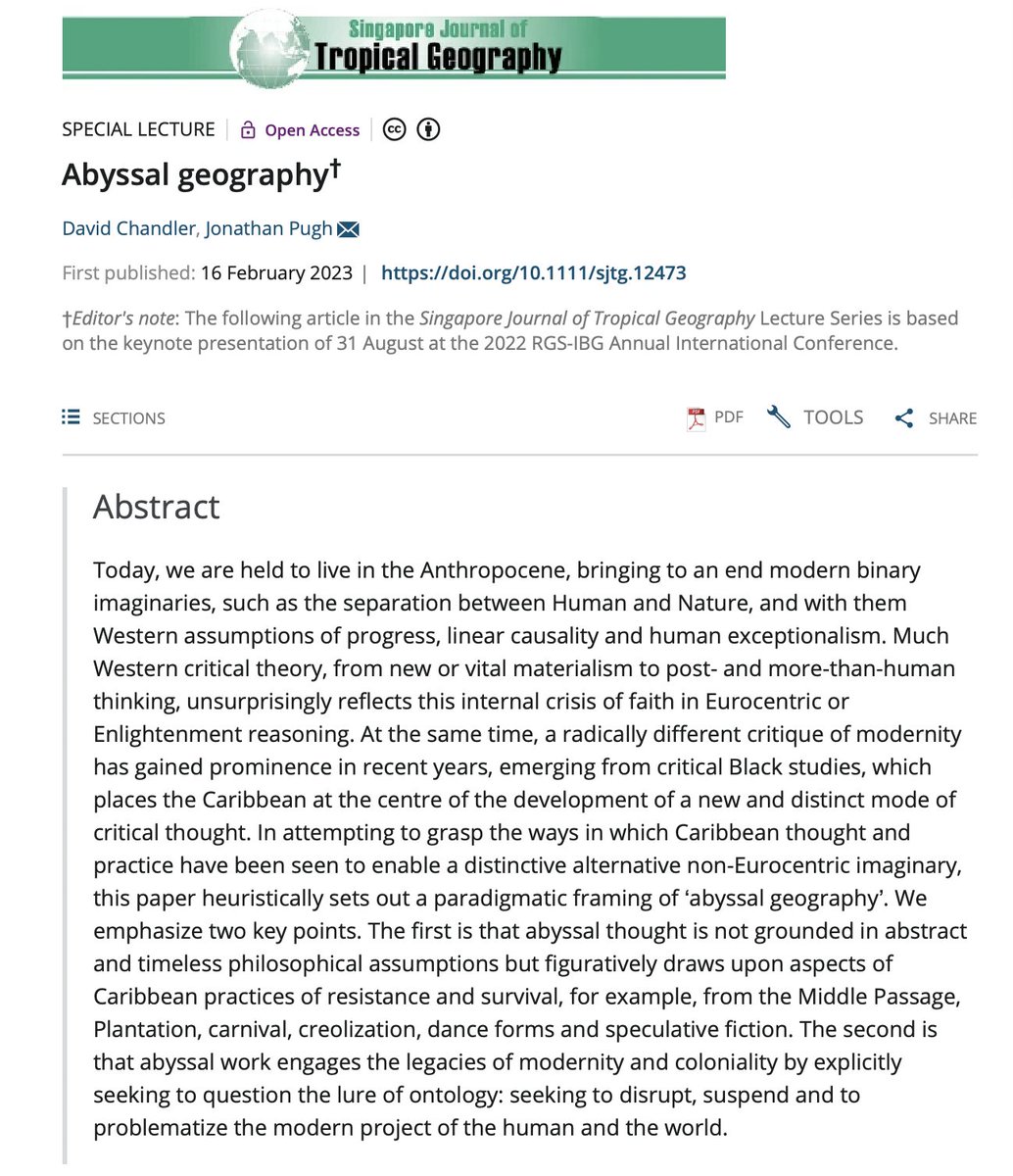 DavidCh27992090's tweet photo. #AbyssalGeography - tired of the political ethics of the #RelationalTurn? Looking for an alternative to discourses of #posthumanism, #resilience, #adaptation and #multispecies becoming? Try our keynote (with @jonnypugh1974) at @RGS_IBG OPEN ACCESS here: https://t.co/mUeROg7k06 https://t.co/9aF6tUzLjV