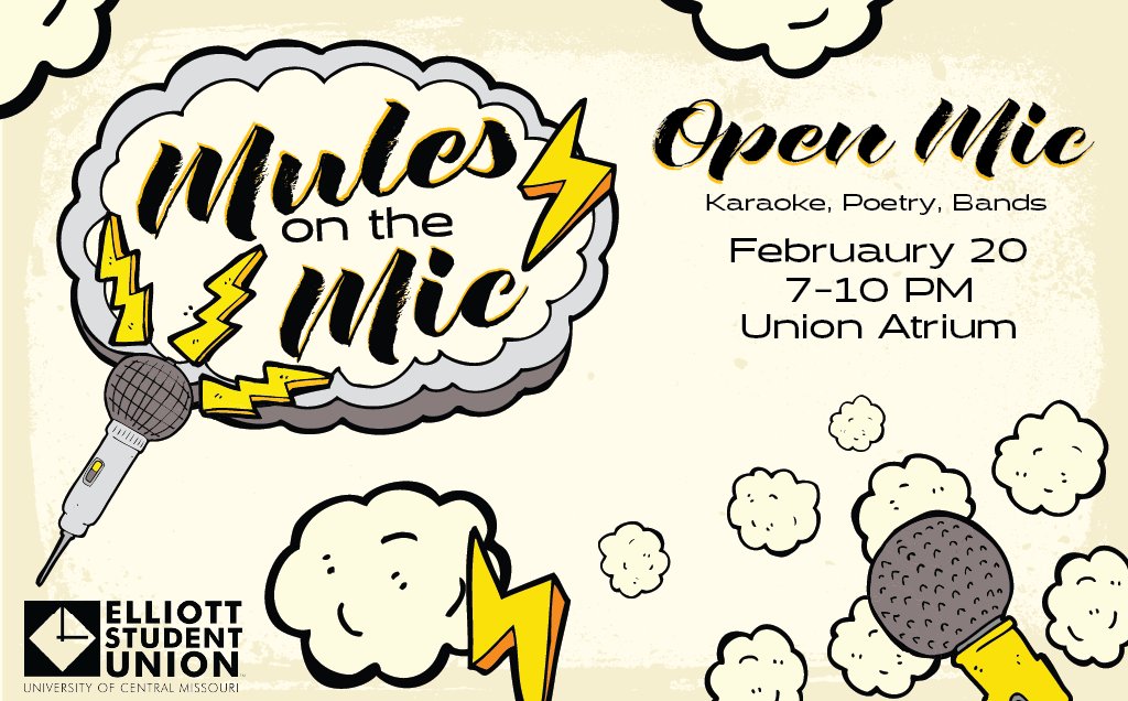 Warm up those vocal chords. Share a short poem or spoken word act. Bring along an instrument. It’s time for Mules on the Mic on Monday from 7-10 PM in the Union Atrium 🎤