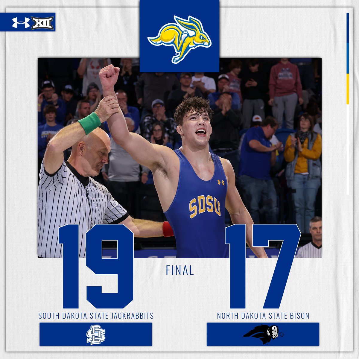 FINAL | The Border Bell is headed back to Brookings!

South Dakota State wins three of the final four matches to upend rival North Dakota State  ... Jackrabbits end dual season 12-4 overall and 6-2 in #Big12WR
#GetJacked