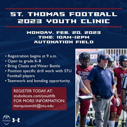 FREE Youth Clinic <a href="/STU_Football/">STU Football</a> preregistration ends tonight. Walk ups welcome at the camp tomorrow.