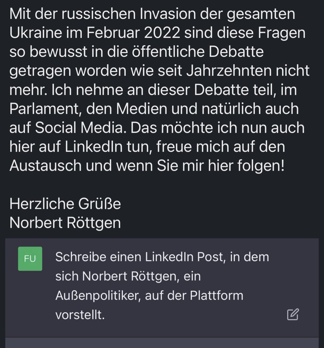 NachBRD's tweet photo. Wir sind sowas vom im Arsch. Faule Parlamentarier "erstellen" neuerdings Reden, Posts und Kommentare bequem mit #ChatGTP #Linkedin #fake https://t.co/EWeQw4qWdt