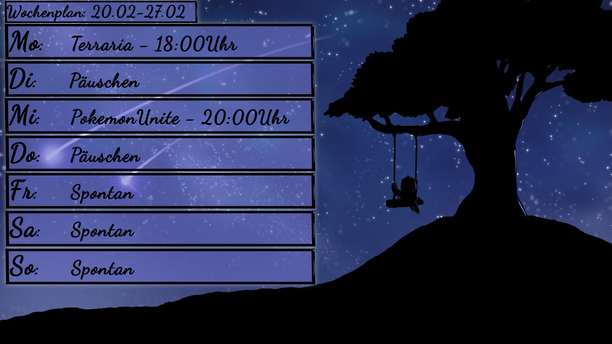 Diese Woche nur 2 geplante Streams erstmal, immerhin soll die Woche drauf schon der Corventskalender starten.

Außerdem habe ich noch Zeug wegen meiner Bewerbung zu klären die Woche.

Montag spielen wir mit <a href="/SchonWer1/">SchonWer</a> und zeigen <a href="/PanPandaVT/">PanPanda | GERVtuber</a> die ersten Schritte in Terraria!