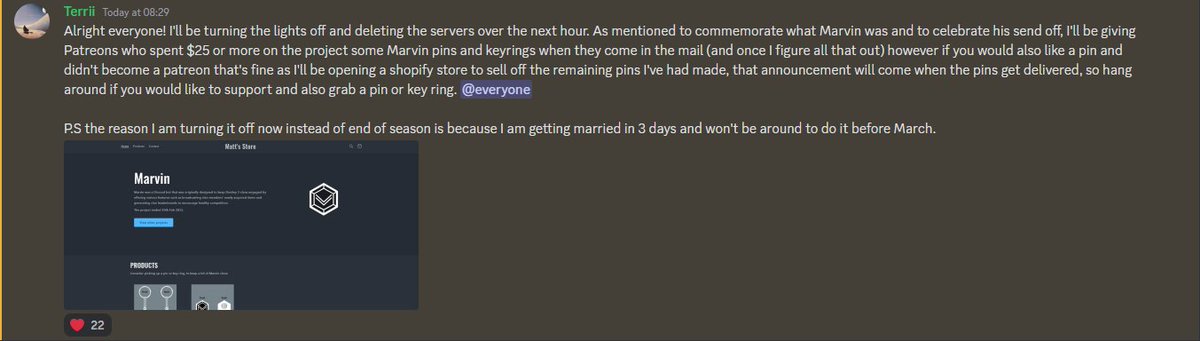Marvindotgg's tweet photo. Today is the day, it's time to turn off the lights on the project. The 3 years has been magical and something I'll never forget. Thanks for all the support with the project! Marvin will be missed! <3 https://t.co/8OhJzZv1oS