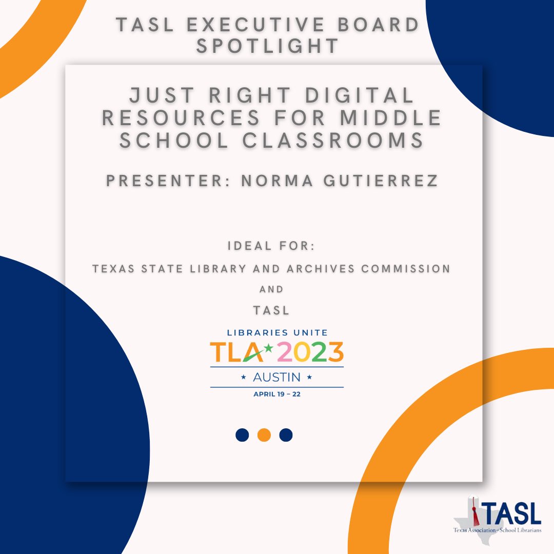 jillbellomy's tweet photo. #txla23 is the perfect time to brush up on or explore new ways to use our excellent #TexQuest resources! Join @nmgutierrez03 for one or both of these sessions. I am particularly excited for the focus on just right tools for our middle school learners. @TXLA @TxASL https://t.co/5Tms6dueCG