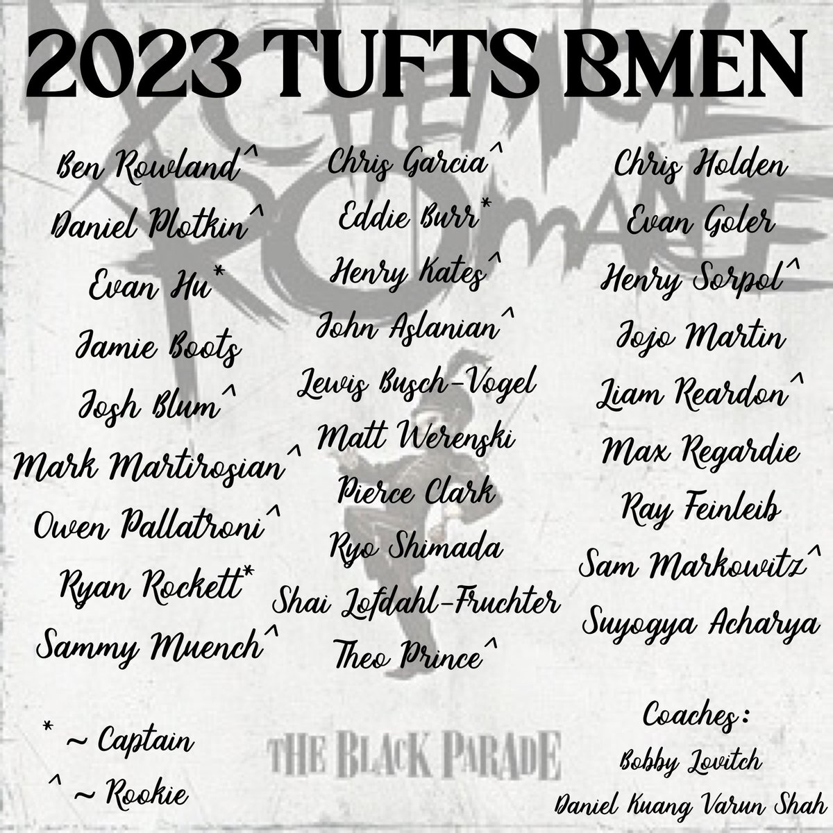 Tufts_Ateam's tweet image. Welcome to the black parade. Introducing the 2023 Tufts BMEN. #eboys #twowolves