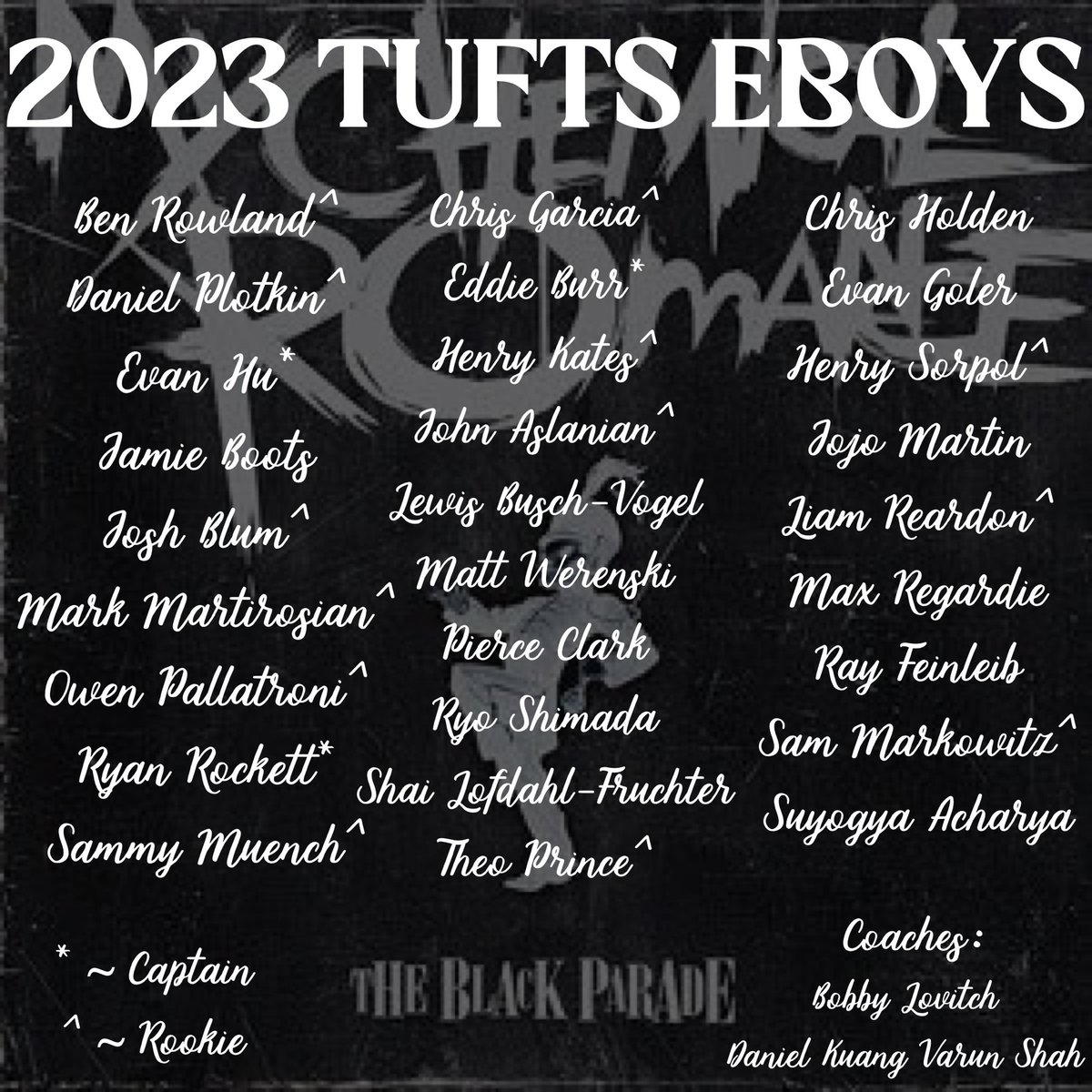 Tufts_Ateam's tweet image. Welcome to the black parade. Introducing the 2023 Tufts BMEN. #eboys #twowolves