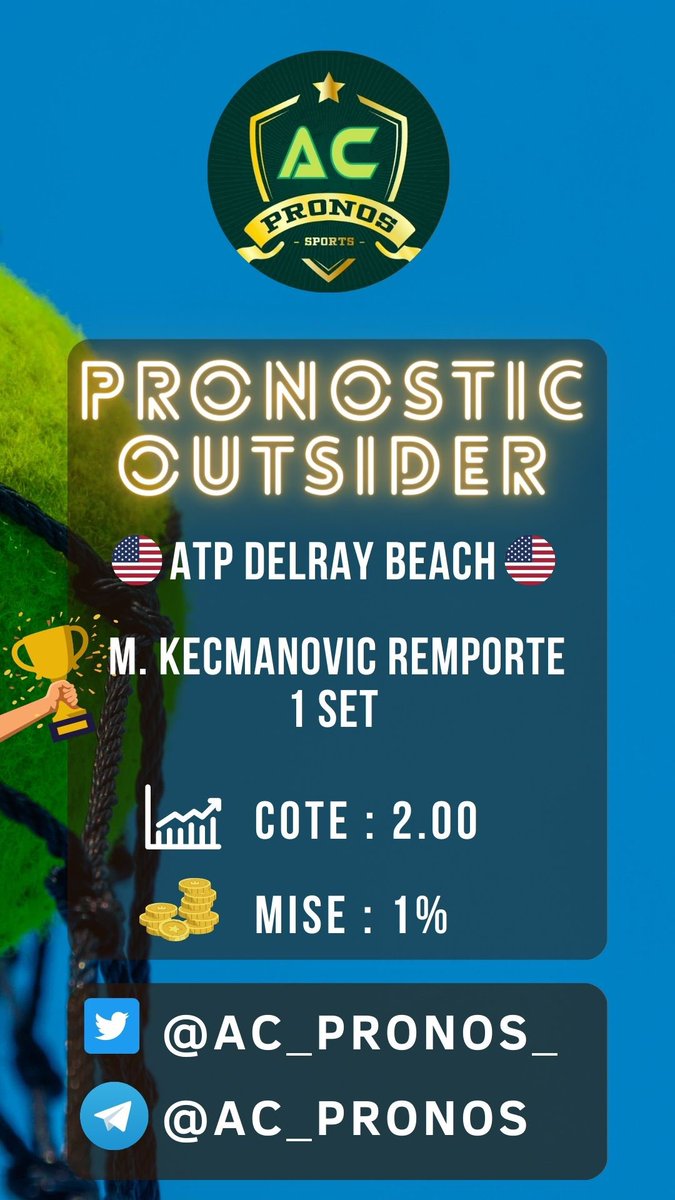 AC_PRONOS_'s tweet photo. ✅✅
🗣 Fait plaisir celui-ci. Premier set tendu, le temps de détendre le bras.
#ACPRONOS #betting #tennis https://t.co/BWTtSJmXsi