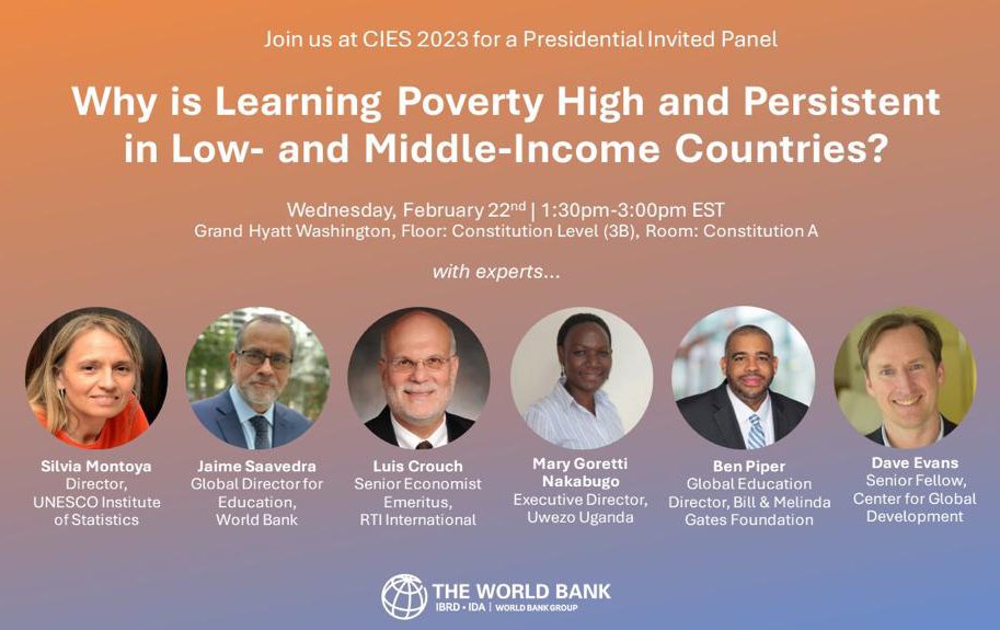 Are you attending #CIES2023 in DC? Join us for our @WBG_Education panel on Wednesday, 22nd Feb, discussing why #LearningPoverty remains high in LMICs. See the poster below for more info! 📚✏️

@DaveEvansPhD @JaimeSaavedra22 @benlpiper @montoya_sil @MNakabug @lcrouch1952