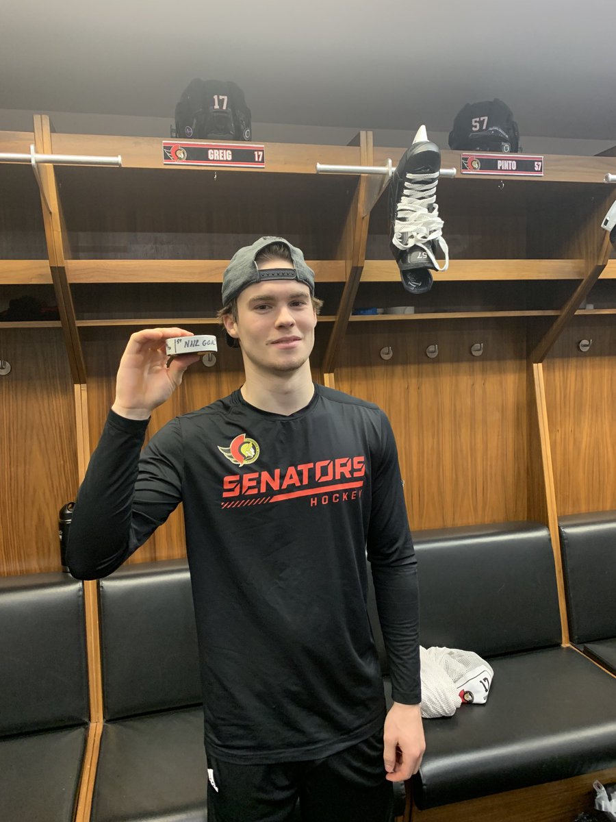 Ridly Greig with the puck he used to his first NHL goal. #Sens
