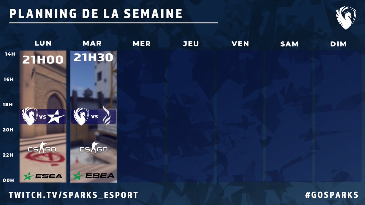 sparks_esport's tweet photo. 🔵⚪️Planning de la semaine⚪️🔵

Début de semaine bien chargé !

Nos 2 matchs d'ESEA s'enchaînent ce lundi et ce mardi.

#GOSPARKS https://t.co/Rw1SXz9rSQ