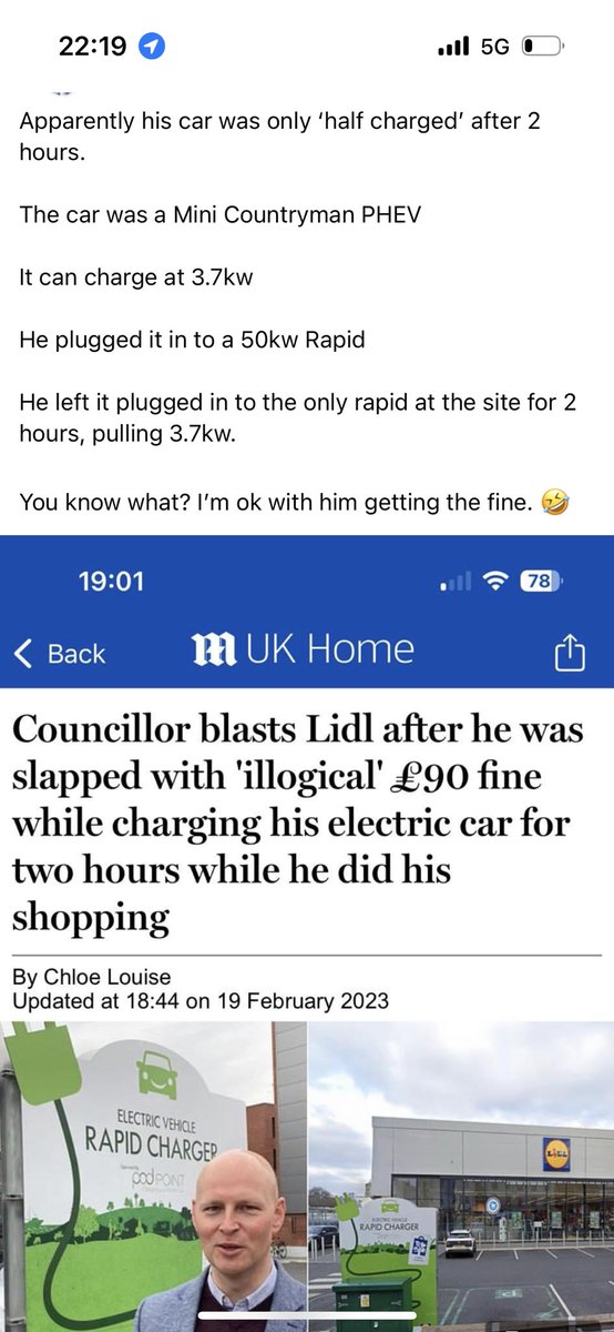 dkrj86's tweet photo. @mpmwilko embarrassing- and a joke to people who drive a fully electric car and struggle with the poor and inadequate charging infrastructure in the UK in far more serious situations. You went to Lidl, and couldn’t be bothered reading a sign. How long do you need in Lidl? https://t.co/EiLkqgGztq